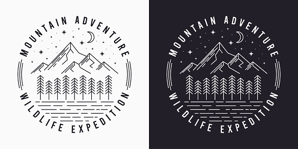 Line style t-shirt design with mountains, trees, night sky and slogan. Typography graphics for tee shirt design. Vintage apparel print. Vector illustration.