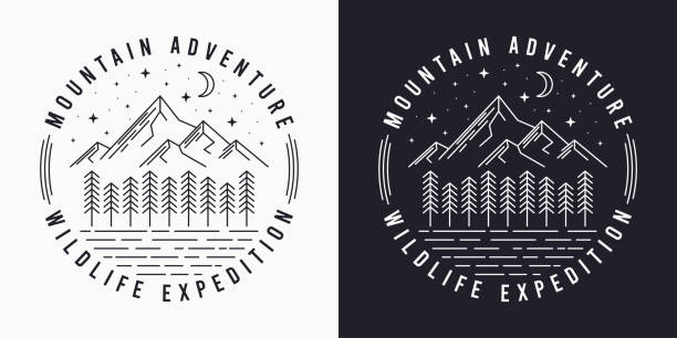 Line style t-shirt design with mountains, trees, night sky and slogan. Typography graphics for tee shirt design. Vintage apparel print. Vector Line style t-shirt design with mountains, trees, night sky and slogan. Typography graphics for tee shirt design. Vintage apparel print. Vector illustration. wilderness stock illustrations