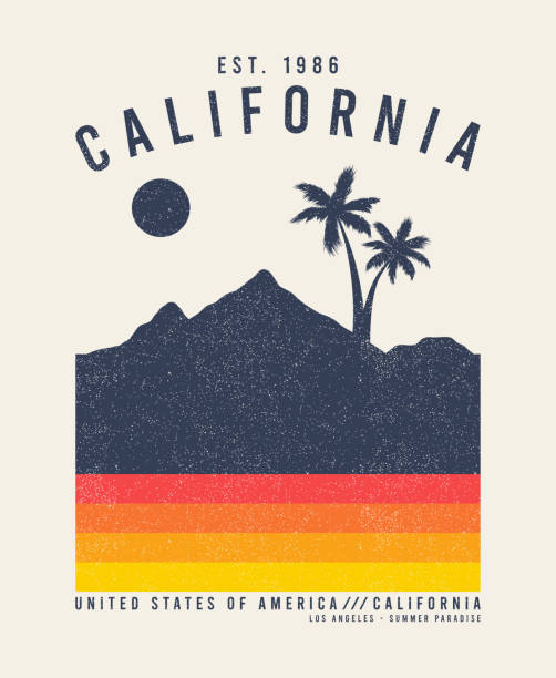 야자수와 산이 있는 캘리포니아 티셔츠 디자인. 그런지가 있는 티셔츠용 타이포그래피 그래픽. 빈티지 의류 프린트. 벡터 - text surfing surf palm tree stock illustrations