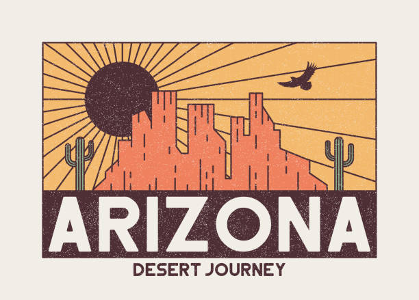 arizona t-shirt projekt z gór skalistych, orzeł i kaktus. vintage typografii grafiki na koszulkę z ilustracją pustyni. arizona odzież wydrukować z grunge i slogan. - arizona stock illustrations