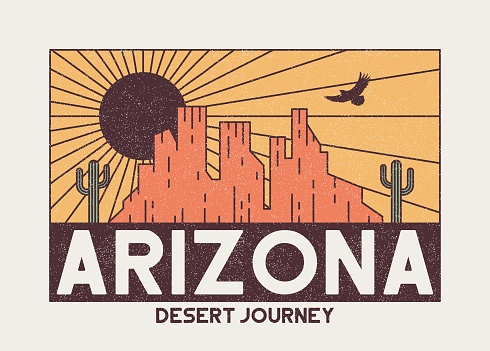 Arizona t-shirt design with rocky mountains, eagle and cactus. Vintage typography graphics for tee shirt with desert illustration. Arizona apparel print with grunge and slogan. Vector.