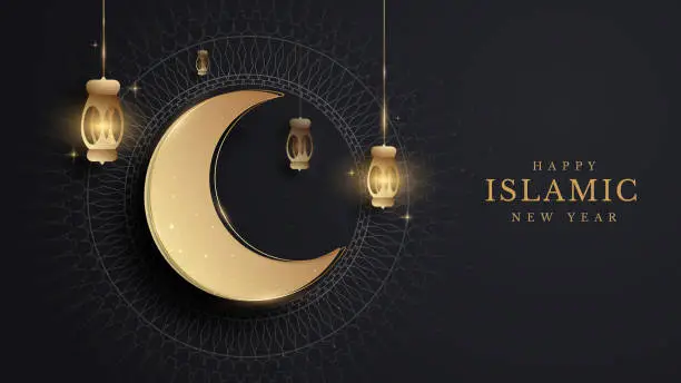 Vector illustration of Elegant islamic new year creative poster background. lamp and half moon golden on pattern white feeling about luxury concept.