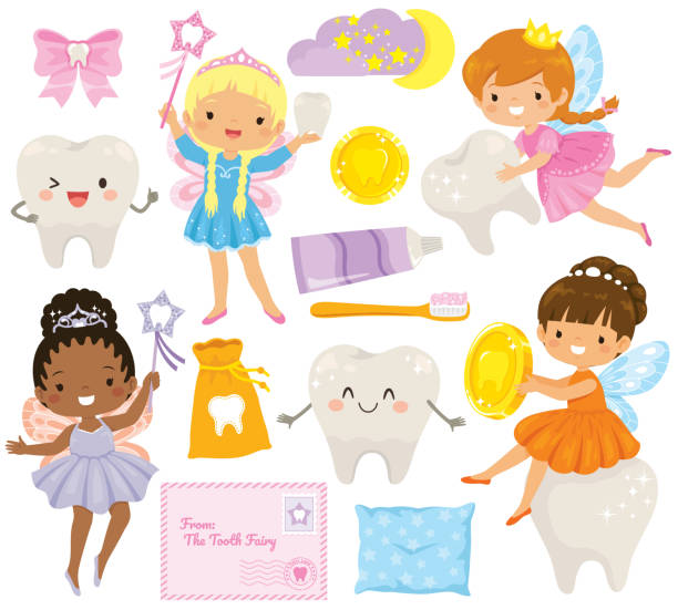zęba wróżka clipart - human teeth fairy cartoon toothbrush stock illustrations
