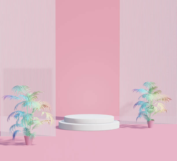 istock 3d render, abstract geometric shape pastel pink , summer scene minimal design, product display,  Pink Interior Background with sky and summer rainbow plant 1322093805
