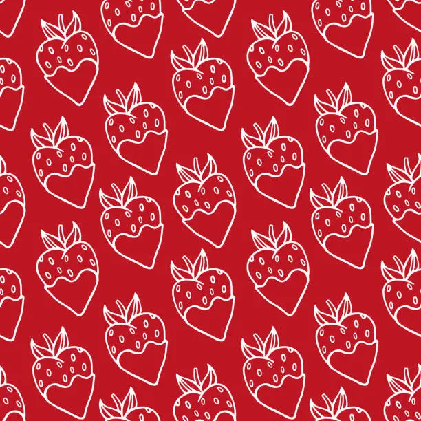 Vector illustration of Cute seamless strawberry vector pattern in doodle style. A hand-drawn white outline of a strawberry on a red background. Cartoon fruit background. Spring seasonal berry texture. For textiles, pack.