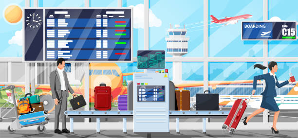 skaner bezpieczeństwa na lotnisku. przenośnik z bagażem - luggage cart baggage claim luggage hand truck stock illustrations