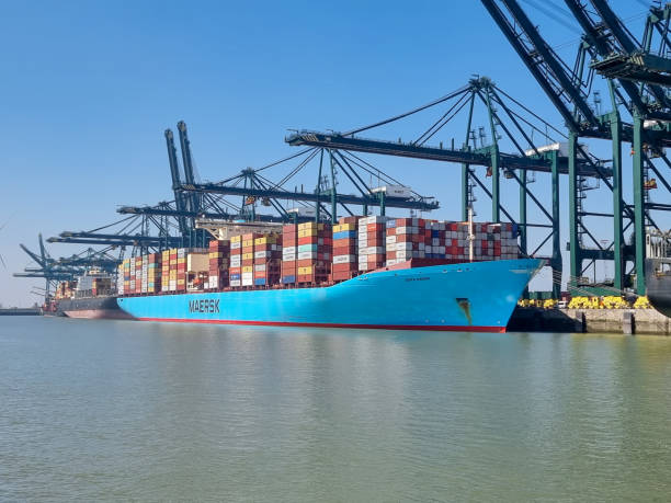 Antwerp, Belgium 31 May 2021 Panoramic view of harbor cranes and container ships in the largest dock of the port of Antwerp. Huge container vessel in the harbor
