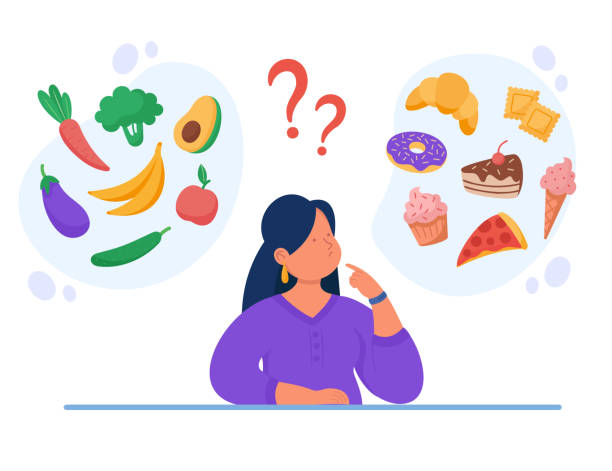 Healthy vs unhealthy food vector flat illustration. Healthy vs unhealthy food vector flat illustration. Woman thinking over junk food and organic snack. Diet, bad or good choice concept. healthy eating stock illustrations