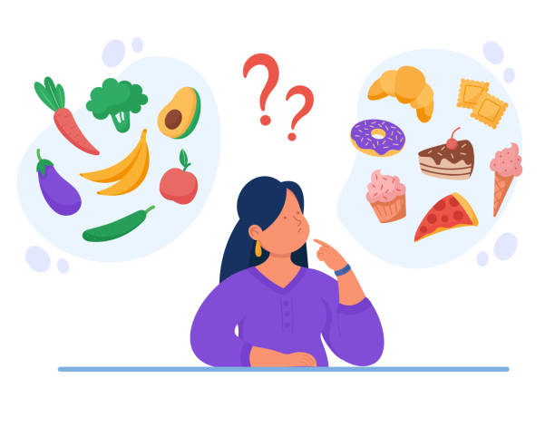 Healthy vs unhealthy food vector flat illustration. Healthy vs unhealthy food vector flat illustration. Woman thinking over junk food and organic snack. Diet, bad or good choice concept. unhealthy living stock illustrations