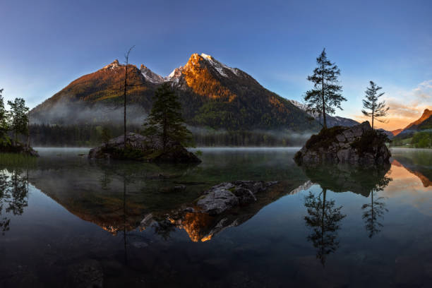 Beautiful view of scenic Lake Hintersee on a beautiful sunny day with blue sky in summer, Bavaria, Germany