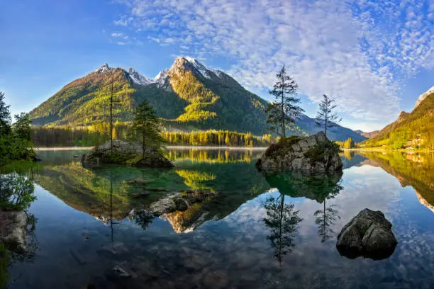 Beautiful view of scenic Lake Hintersee on a beautiful sunny day with blue sky in summer, Bavaria, Germany
