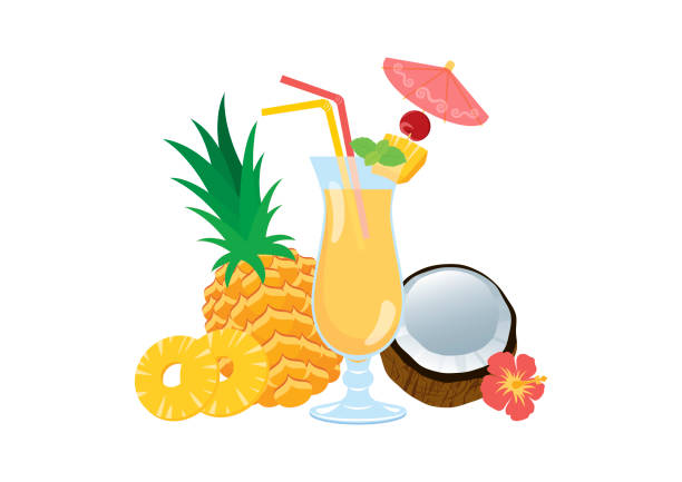 파인애플과 코코넛 과일 벡터를 곁들인 열대 음료 - coconut drink cocktail umbrella stock illustrations
