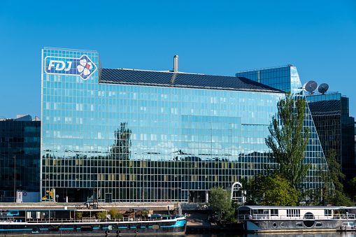 Boulogne-Billancourt, France - June 6, 2021: Exterior view of the head office building of Française Des Jeux (FDJ), the French operator of national lottery games