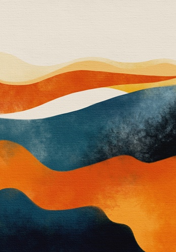 Hand drawing abstract trendy colors background. Stylised landscape. Use for poster, card, postcard, print, banner, invitation, template, design, wedding, interior. Golden, sand, orange and grey colors