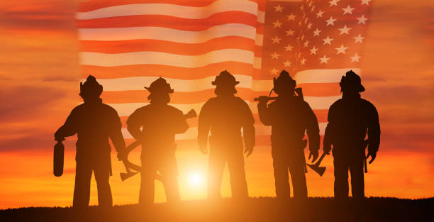 USA firefighter with nation flag. Greeting card for Firefighters Day , Patriot Day, Independence Day . America celebration. USA firefighter with nation flag. Greeting card for Firefighters Day , Patriot Day, Independence Day . America celebration. rescue photos stock pictures, royalty-free photos & images