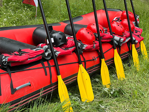 White water rafting equipment . Summer holidays concept. Visit Albania. Copy space