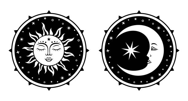Sun and moon symbol. Celestial silhouette design. Esoteric astrology signs. Vector boho illustration. Monochrome print.