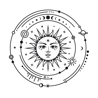 Silhouette of the sun surrounded by planets and stars. Astrology and astronomy symbol. Outline space and solar system. Magical mystical signs. Celestial symbols.