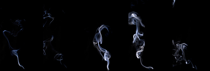 Smoke abstract set. Blur white smoke, abstract fog or steam mist cloud group isolated on black background. For overlay in pollution, vapor cigarette, gas, dry ice