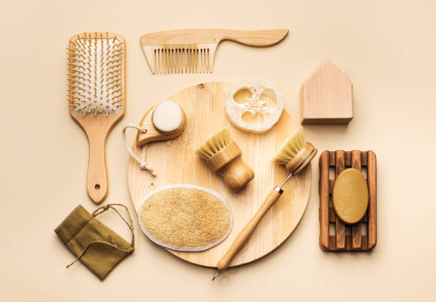 istock Zero waste and eco-friendly accessories. Bathroom, spa and kitchen supplies top view, on a beige background 1322113527