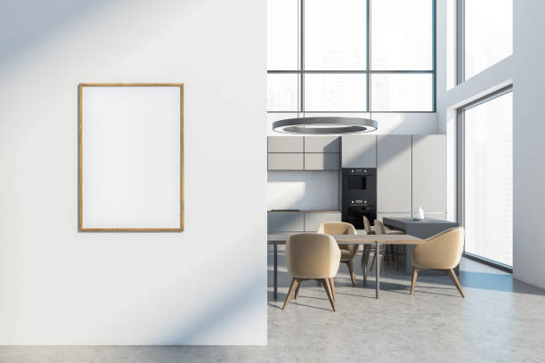 istock Light kitchen interior with furniture on concrete floor, mockup frame 1322114851