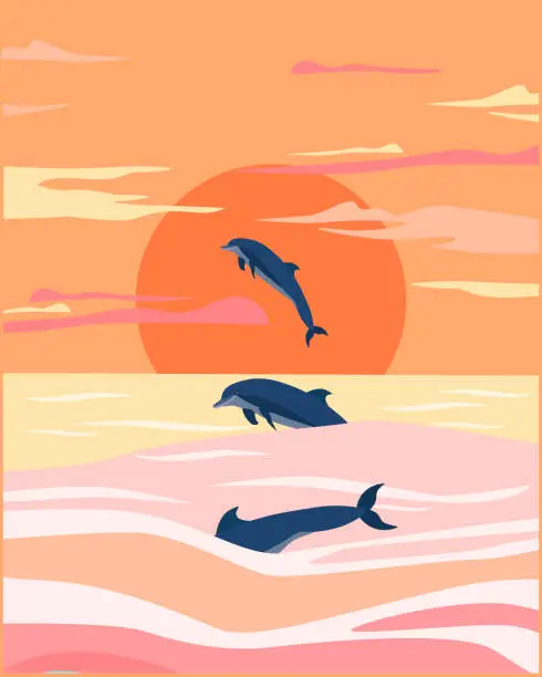 Vector illustration of Dolphins at sunset vector minimalist poster design
