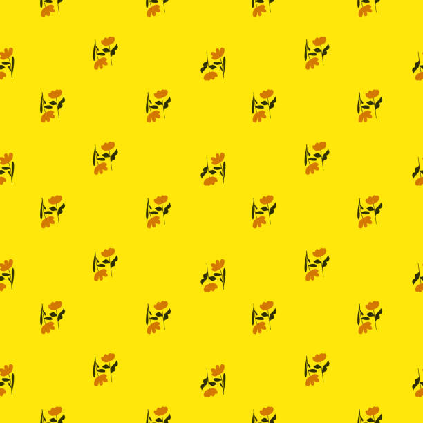 istock Abstract floral seamless pattern with orange little simple flowers print. Bright yellow background. 1322115014