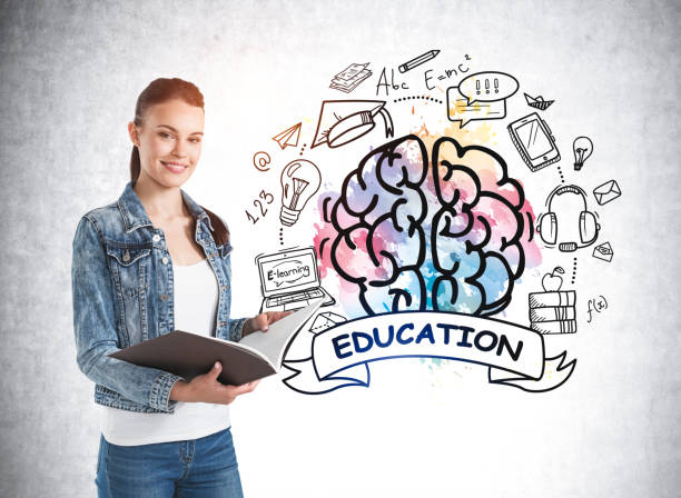 istock Female student holding a copybook with an education sketch behind 1322116236