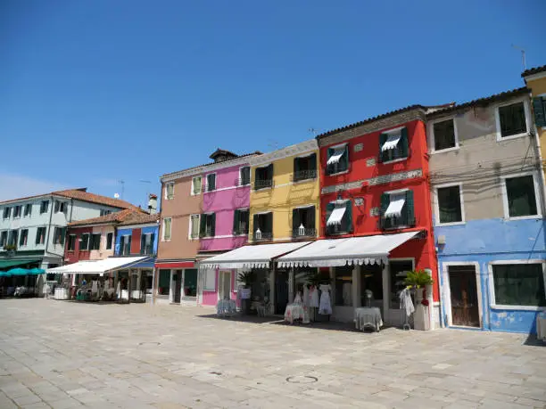 Streetview of the colorful houses at Burano Island, located in the Venetian Lagoon, northern Italy