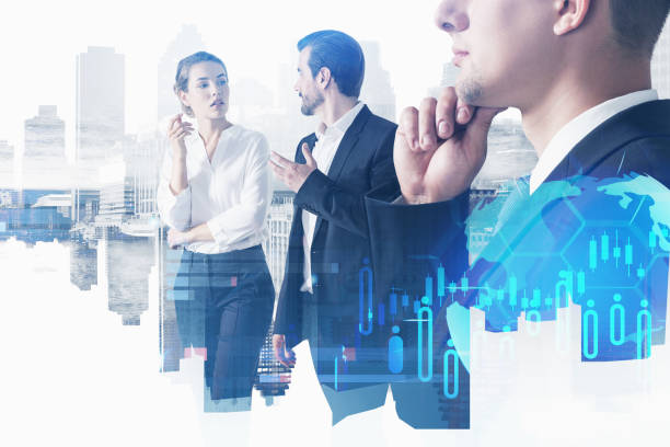 istock Business people communicating and standing against a cityscape. 1322118166