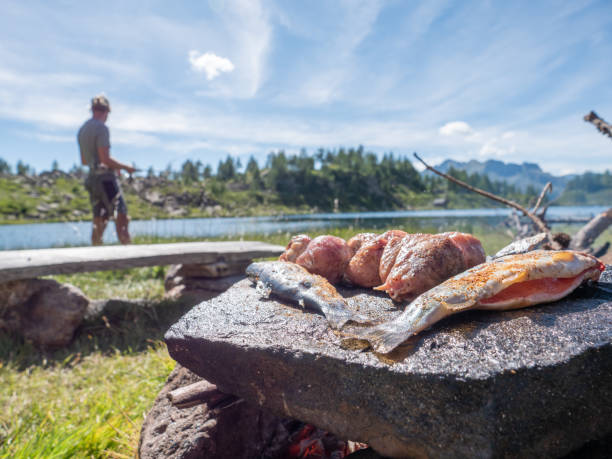 Man fishing at alpine lake in summer, fish on the grill Summer barbecue, fisherman on the background 
Ticino, Switzerland grill rods stock pictures, royalty-free photos & images
