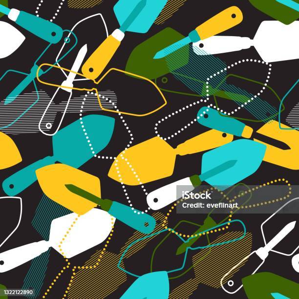 Abstract Seamless Pattern With Hand Garden Spades Vector Silhouette And Line Art Stock Illustration - Download Image Now