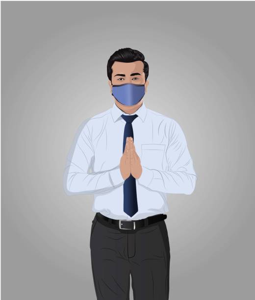 ilustraciones, imágenes clip art, dibujos animados e iconos de stock de empresario con mascarilla y saludo con namaste para evitar la propagación del virus - añjali mudrā saludo