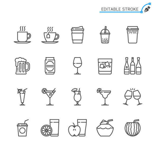 음료 라인 아이콘. 편집 가능한 스트로크. 픽셀 완벽. - tea hot drink cup dishware stock illustrations