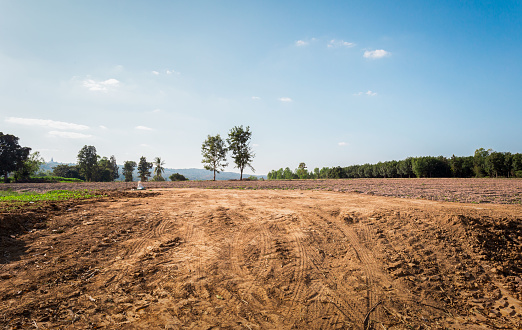 Empty dry cracked swamp reclamation soil, land plot for housing construction project with car tire print in rural area and beautiful blue sky with fresh air Land for sales landscape concept.
