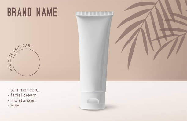 Mockup realistic 3d tube for beauty cosmetic product on beige background with tropical coconut palm tree leaves shadow. Template for product, branding and packaging presentation vector design. Summer Mockup realistic 3d tube for beauty cosmetic product on beige background with tropical coconut palm tree leaves shadow. Template for product, branding and packaging presentation vector design. Summer beige background stock illustrations