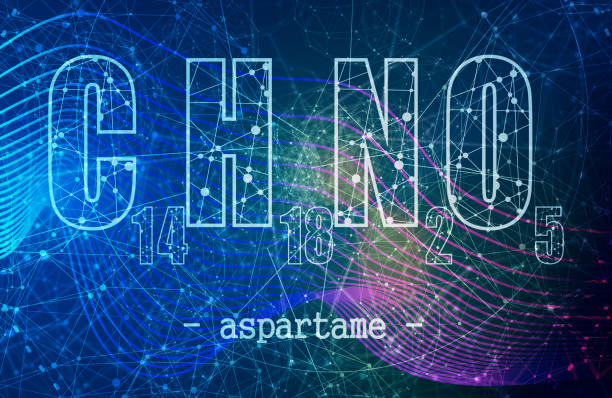 Formula of aspartame. Concept of medicine and pharmacy Chemical formula of aspartame. Connected lines with dots chemical formula for aspartame stock illustrations