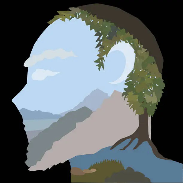 Vector illustration of A drawing of a landscape inside the head of a Jew with a beard and a skullcap. Mountains, sea, river, trees and stones, in the shape of a skull. Artistic vector painting.