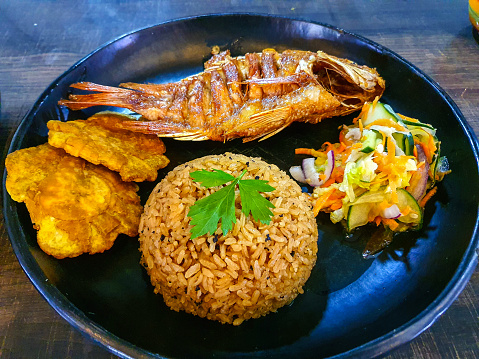 Fish platter with rice and salad