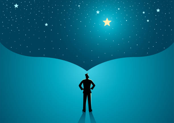 Man With Big Dream Man standing with the open space above him as a representation of his big dream spiritual enlightenment stock illustrations