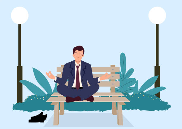 ilustrações de stock, clip art, desenhos animados e ícones de businessman doing yoga on a bench at the park - rush