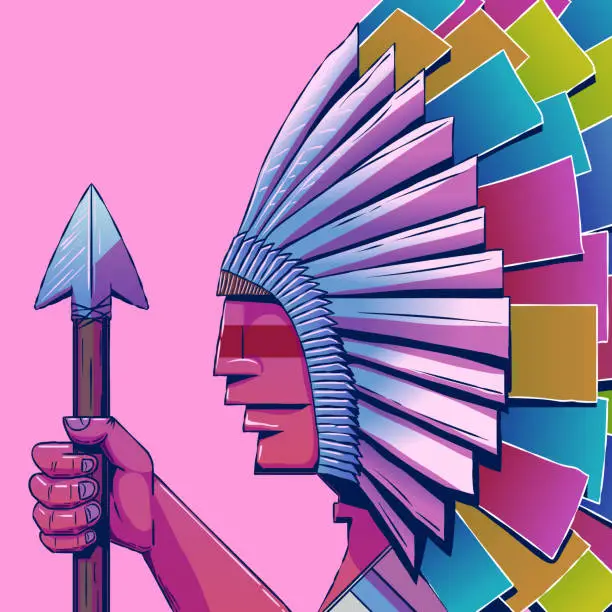 Vector illustration of Colorful cartoon illustration - Indian with multi-colored feathers and a spear.