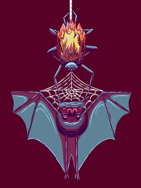 ilustrações, clipart, desenhos animados e ícones de ilustração de halloween desenhada à mão - morcego e aranha. - bat halloween spider web spooky