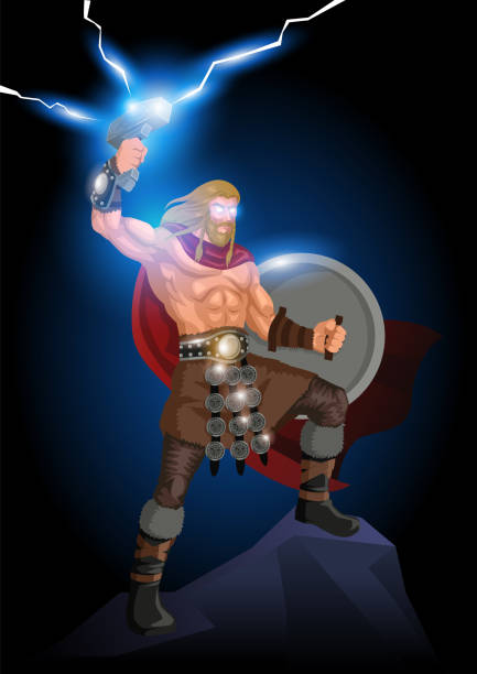 ilustrações, clipart, desenhos animados e ícones de thor, o deus do trovão e relâmpago - thunderstorm hammer scandinavian culture god