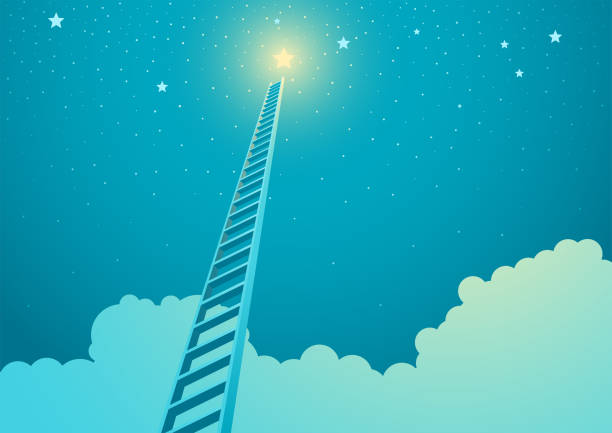 illustrazioni stock, clip art, cartoni animati e icone di tendenza di scala che porta a una stella brillante - ideas concepts ladder cloud