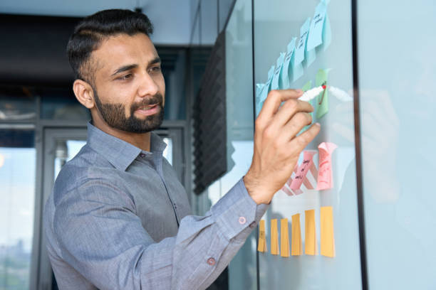 jeune homme d’affaires indien debout écrivant sur des notes autocollantes sur tableau blanc. - planning adhesive note business office photos et images de collection