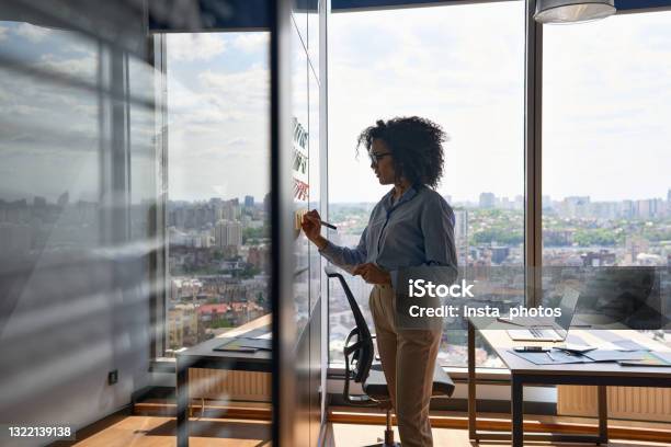 Afro American Ceo Writing On Sticky Notes In Office With Big City Urban View Stock Photo - Download Image Now