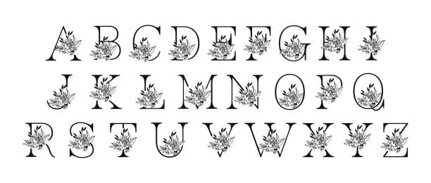 Vector illustration of Flower alphabet, Floral letters, Peony flower.