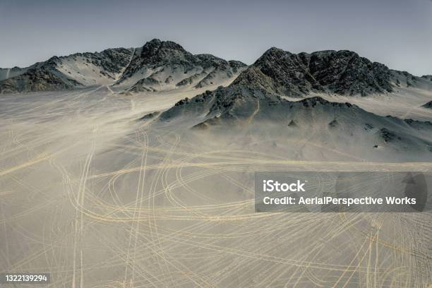 Aerial View Of Moutains And Tire Traces Qinghai China Stock Photo - Download Image Now