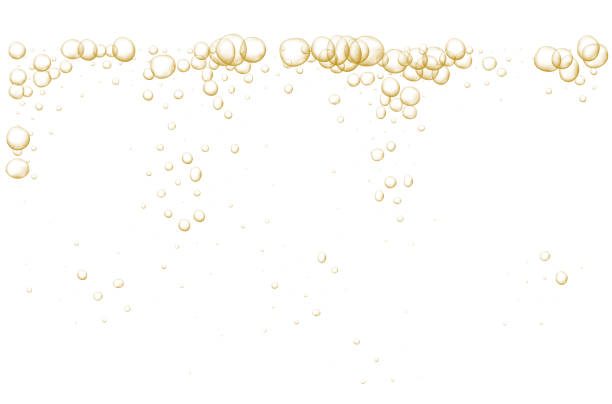 골드 탄산 거품. 샴페인을 반짝입니다. 탄산 팝과 발포성 음료. 추상적인 신선한 소다와 기포, 산소, 샴페인 크리스탈. 검정 투명 배경의 벡터 일러스트레이션 - air equipment flowing water oxygen stock illustrations